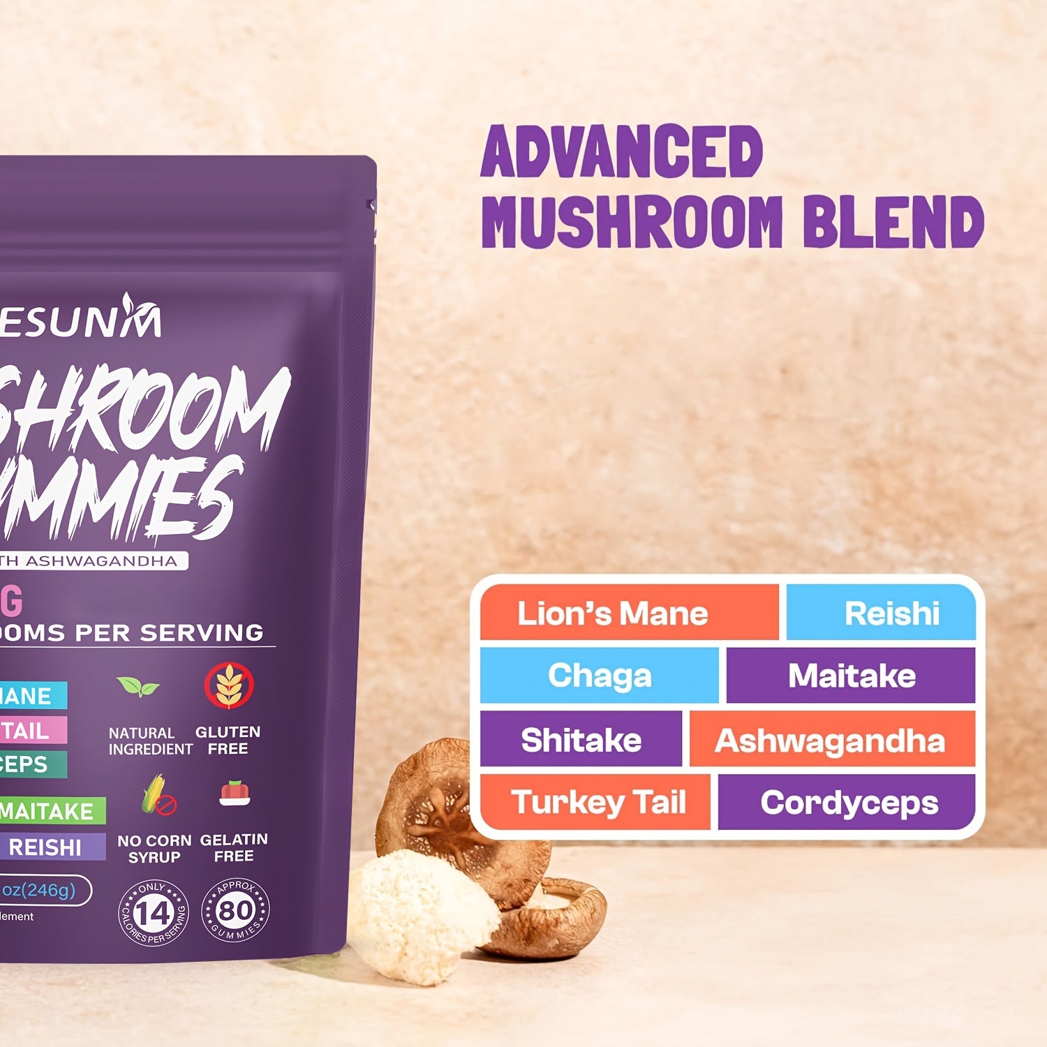 [Mushroom Blend] Lion's Mane Mushroom Gummies | 1/2/3/4 Bags, 80 Gummies per Bag | Low Carb | Contains Ganoderma, Cordyceps, Turkey Tail, Dancer's Mushroom, Shiitake and Bupleurum