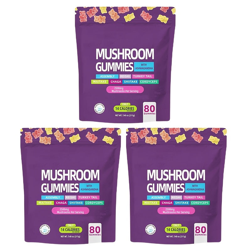 [Comprehensive Mushroom Gummies Pack] 1/2/3 Packets Of Mushroom Gummies Supplement Gummies - Comprehensive Mushroom Supplement, Ashwagandha Gummies, Holiday Gift, 80 Gummies In A Pack