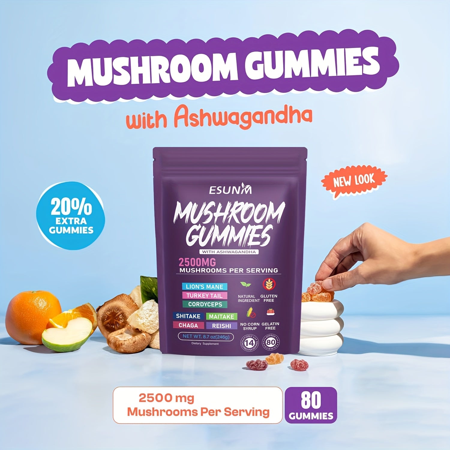 [Mushroom Blend] Lion's Mane Mushroom Gummies | 1/2/3/4 Bags, 80 Gummies per Bag | Low Carb | Contains Ganoderma, Cordyceps, Turkey Tail, Dancer's Mushroom, Shiitake and Bupleurum