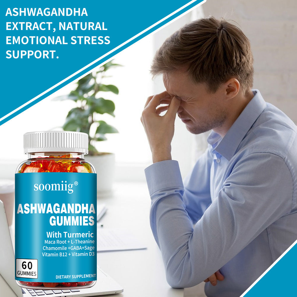 Ashwagandha Gummies con Cúrcuma, Maca y L-Teanina – Bienestar, Energía y Sueño Reparador | Soomiig