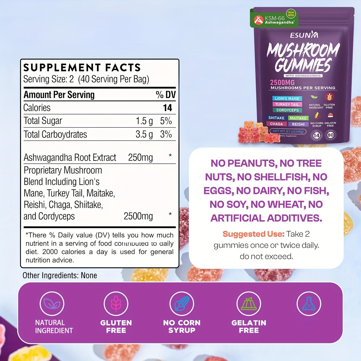 [Mushroom Blend] Lion's Mane Mushroom Gummies | 1/2/3/4 Bags, 80 Gummies per Bag | Low Carb | Contains Ganoderma, Cordyceps, Turkey Tail, Dancer's Mushroom, Shiitake and Bupleurum